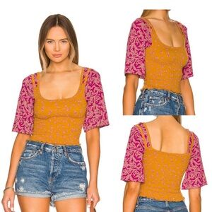 Free People Marigol Square Neck Short Sleeves Floral Print Top Golden Size S